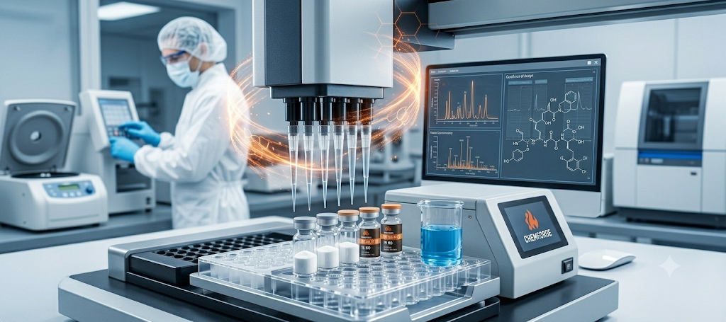 Automated liquid handling system dispensing into a rack of research vials beside chromatogram and molecular structure displays in a controlled lab