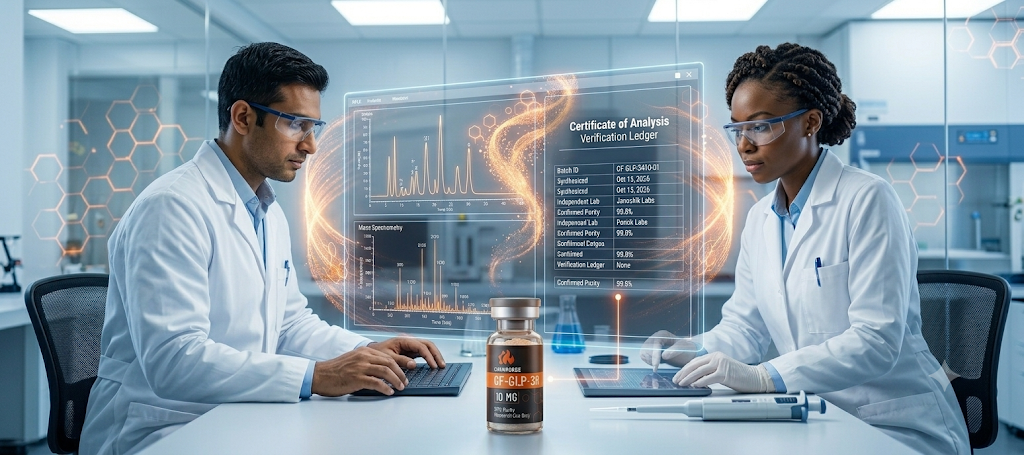 Two researchers reviewing a Certificate of Analysis verification ledger showing HPLC and mass spectrometry results beside a labelled research vial
