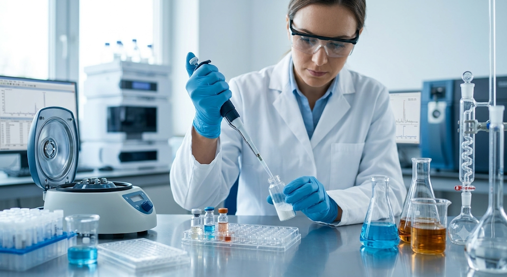 Researcher in a laboratory pipetting a peptide sample into a vial beside a centrifuge, well plates and HPLC readouts